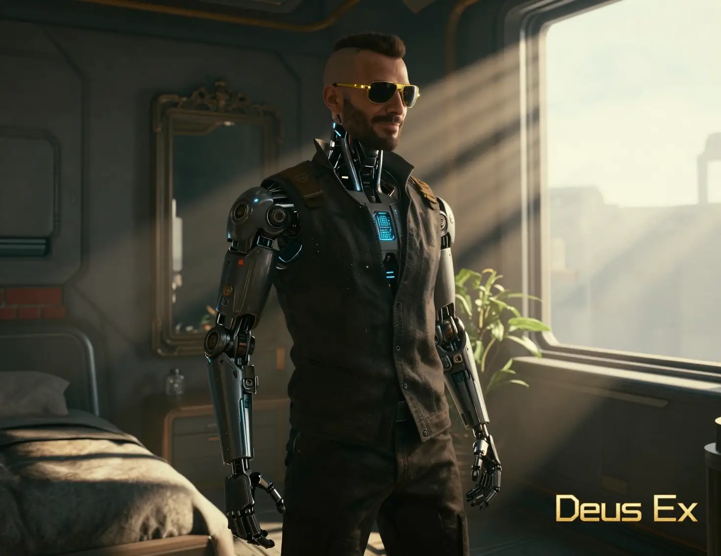 Augmented man standing in sunlight in a futuristic bedroom