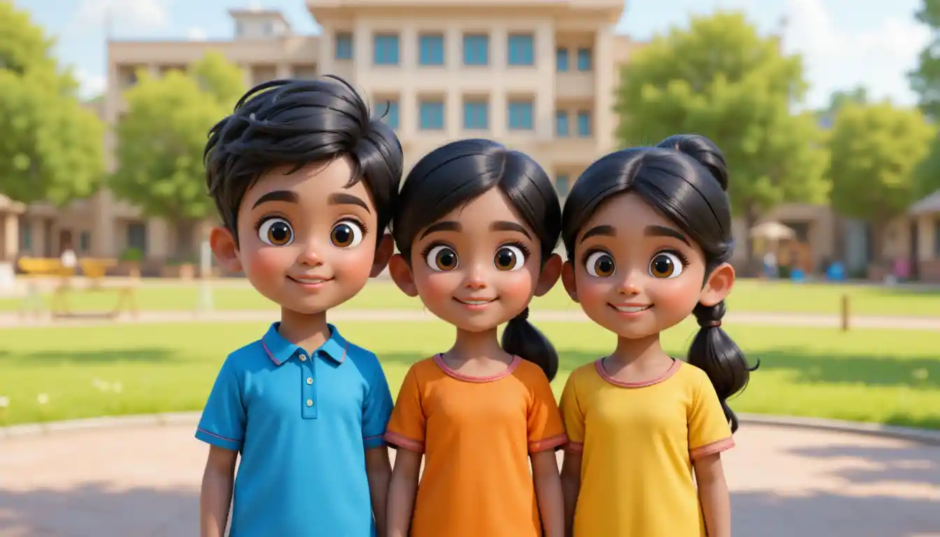 Three 3D Indian children standing together on school playground