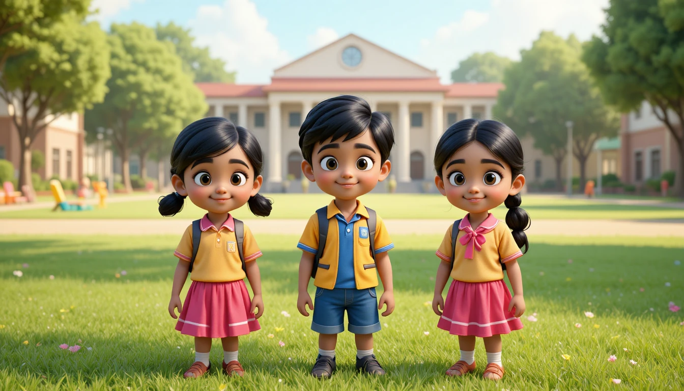Drei 3D-indische Schulkinder auf sonnigem Pausenhof