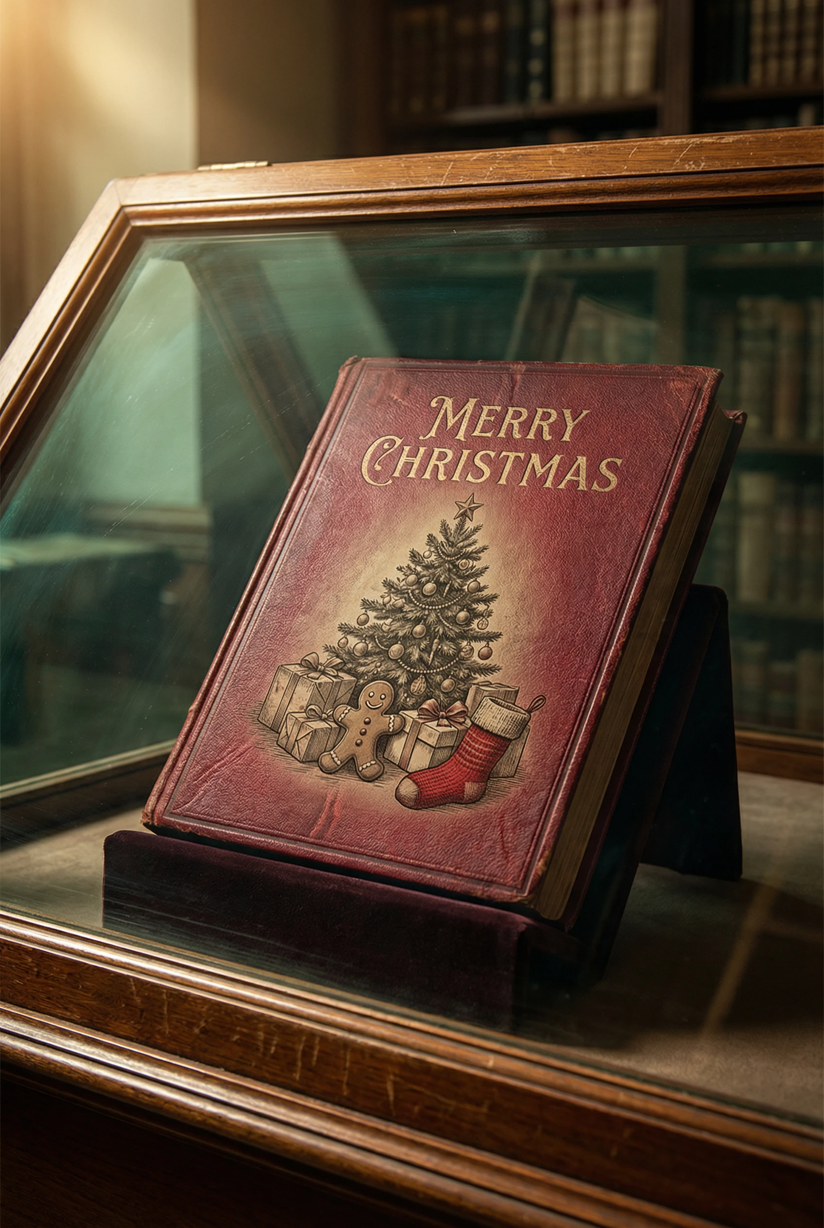 Livre de Noël ancien dans une vitrine en bois et verre