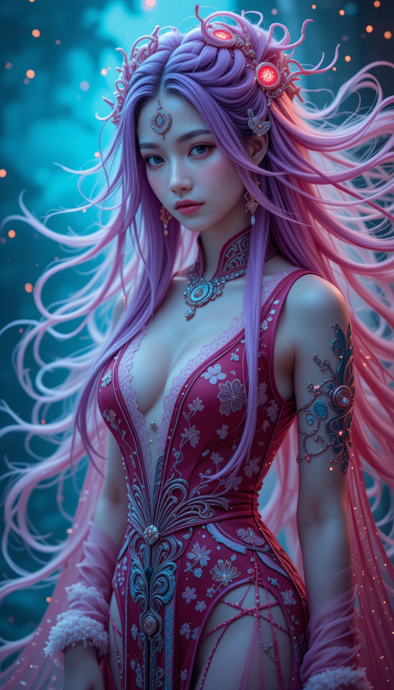 Weeping fantasy girl with glowing runes and ornate jewelry