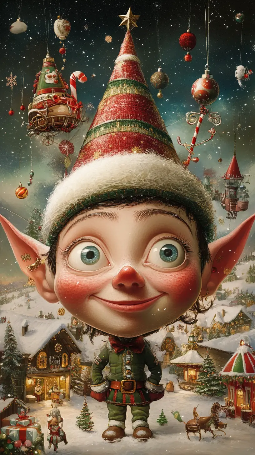 Whimsical Christmas elf portrait in a magical festive landscape