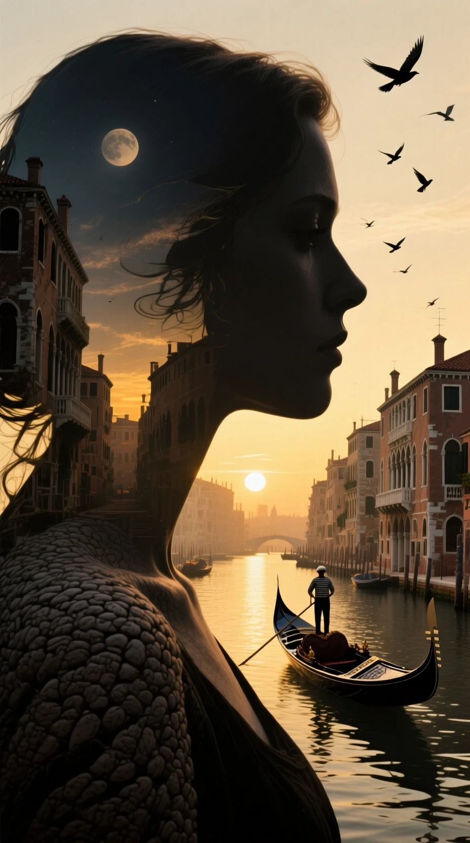 Dreamy Woman Portrait Blended With Sunny Venetian Canal