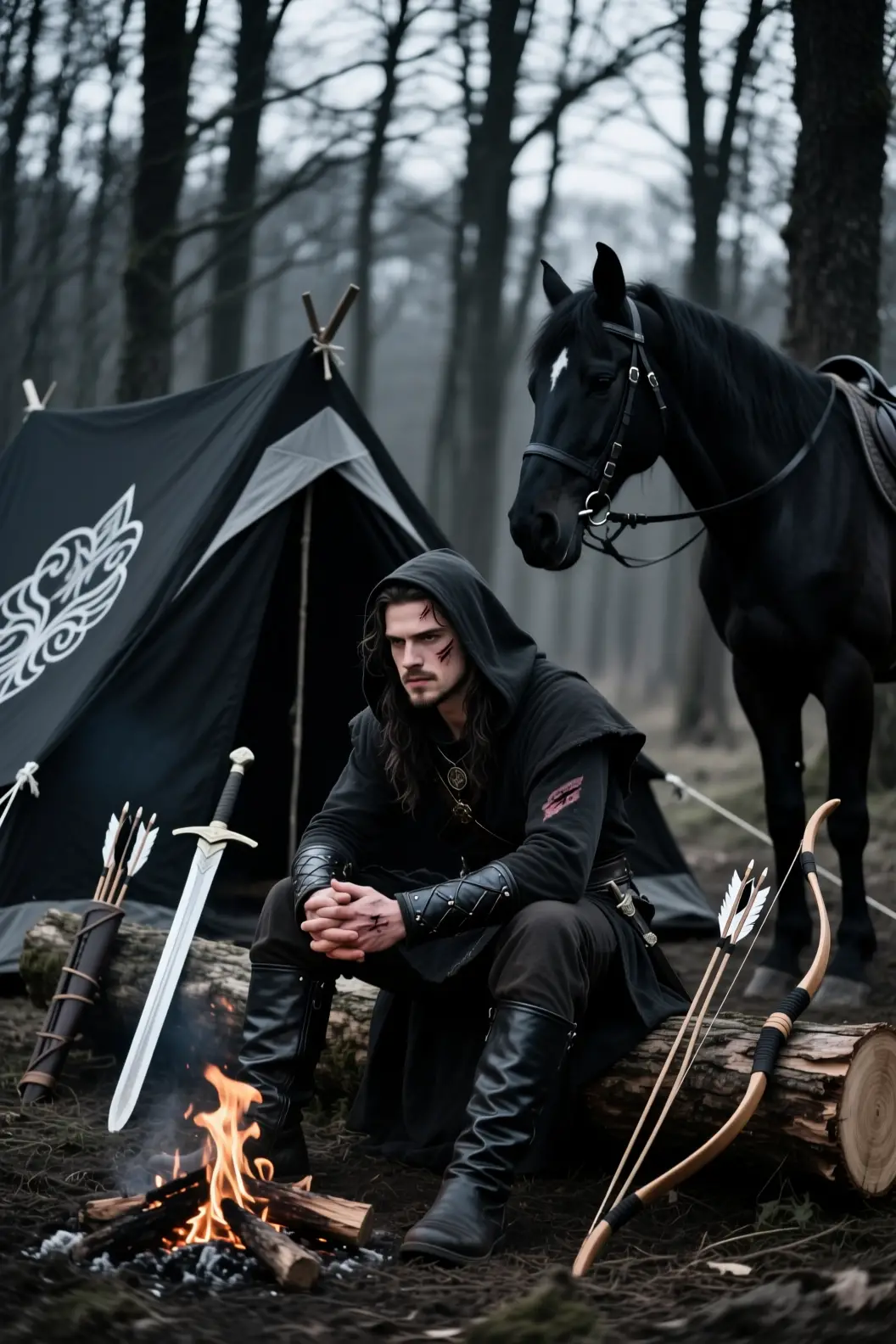 Rugged warrior by a campfire in a dark forest