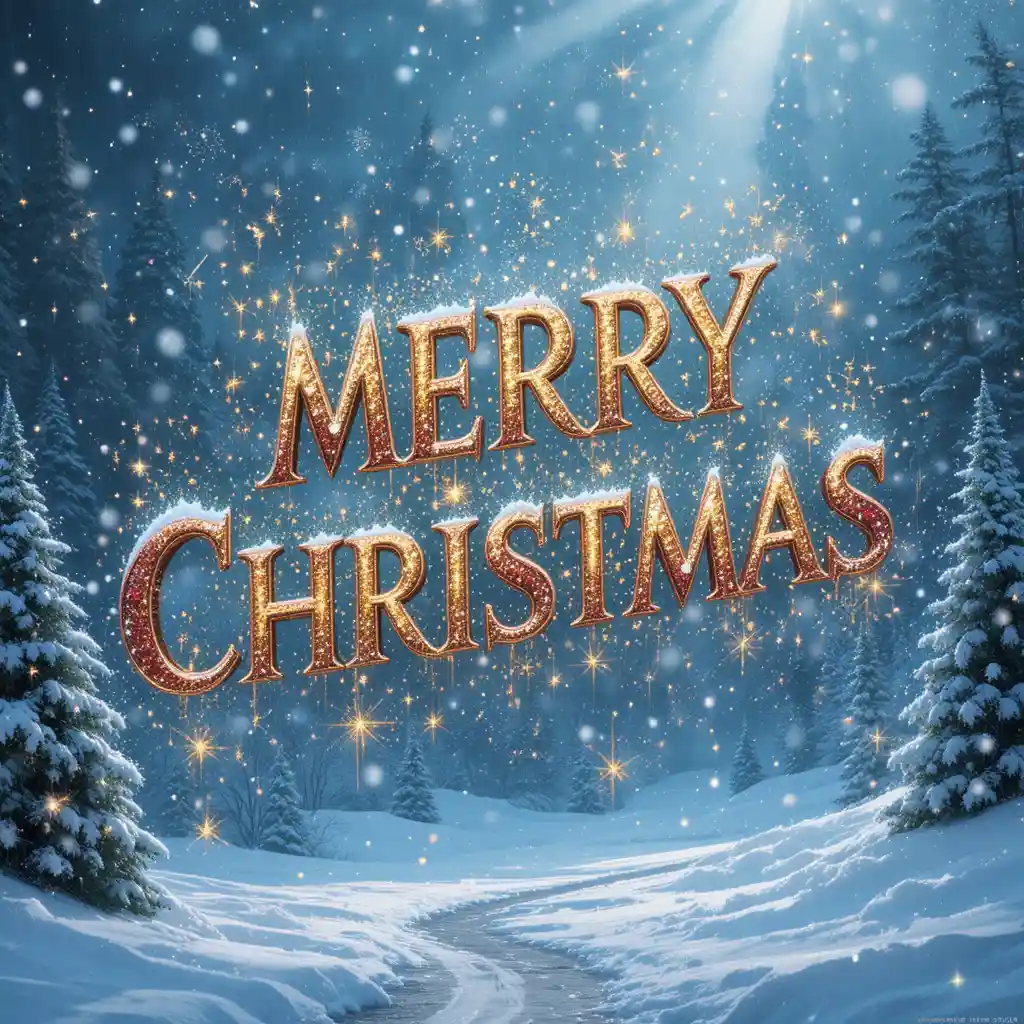 Floating Merry Christmas letters in a glowing snowstorm