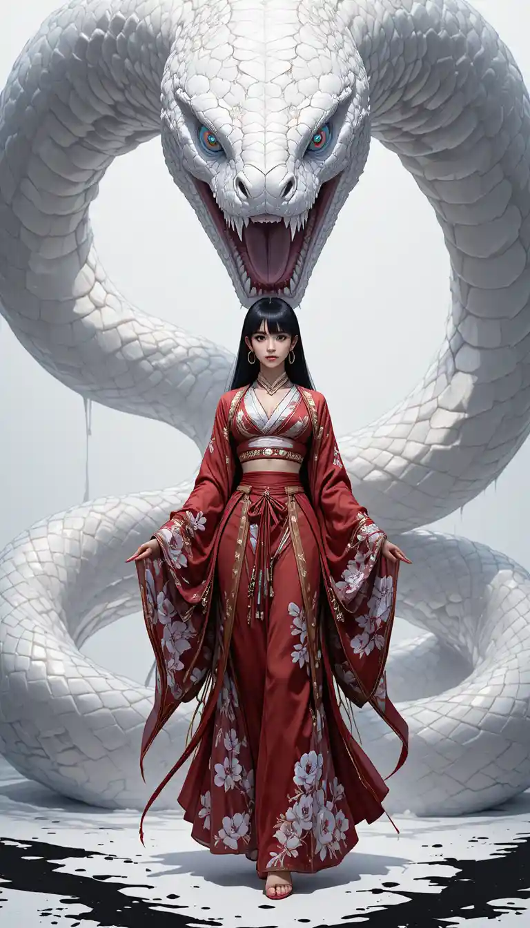 Regal anime warrior woman with colossal white snake