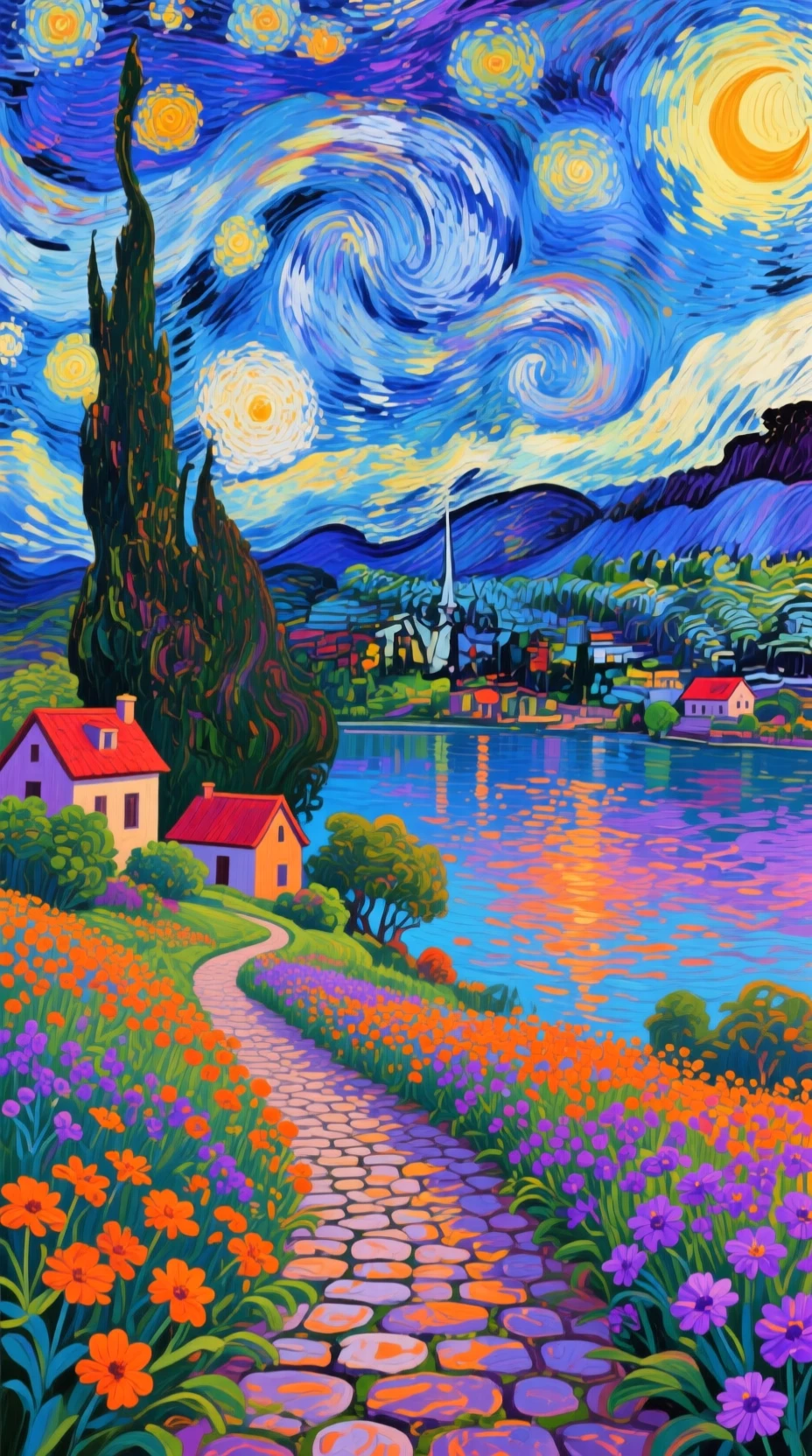 Dreamy colorful landscape painting with path water and mountains