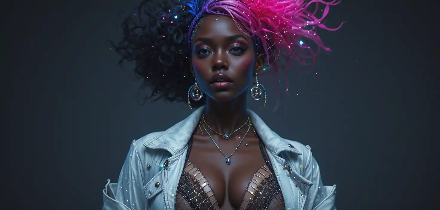 Cyberpunk fashion woman with LED piercings in studio