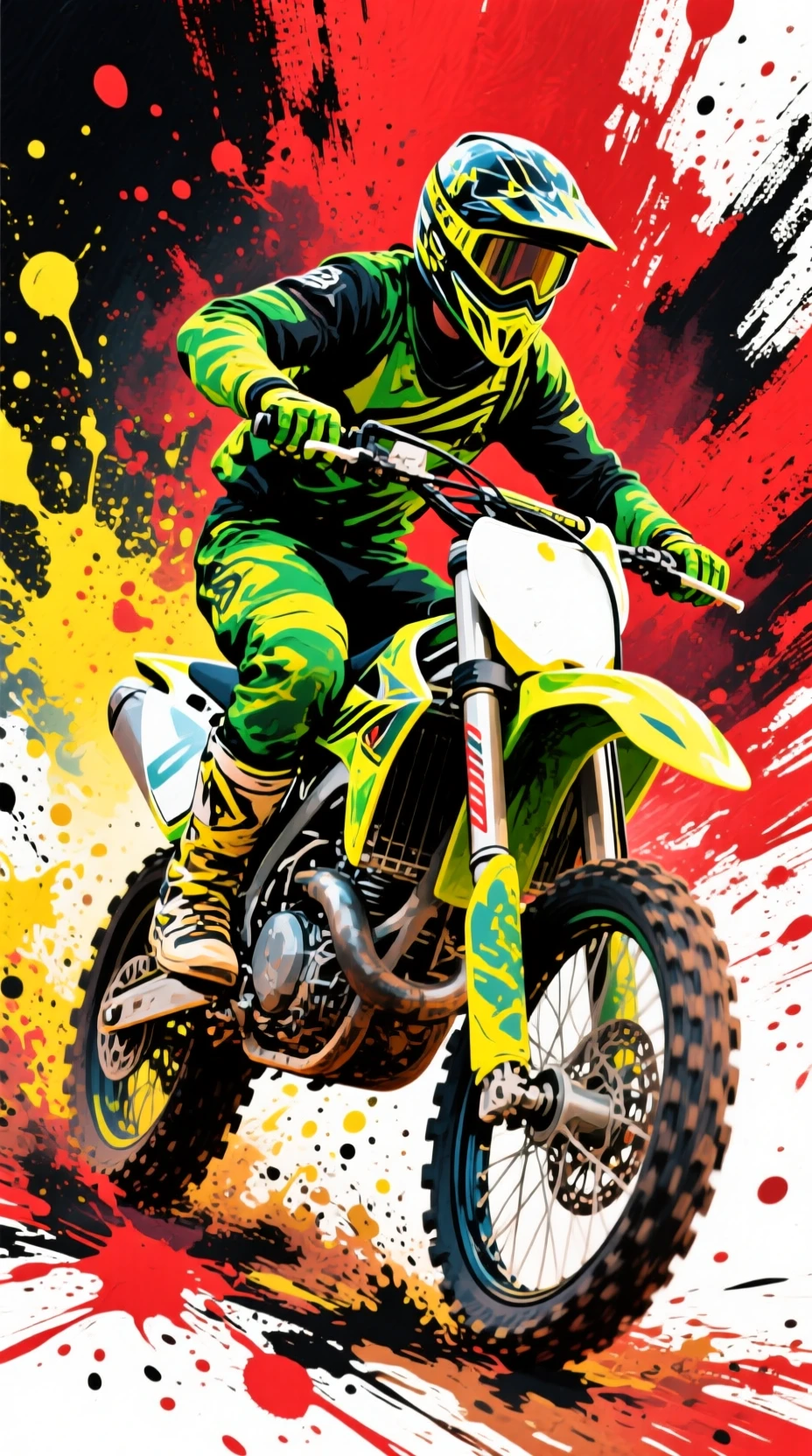 Pilote de motocross sautant à travers des éclaboussures d’aquarelle colorées