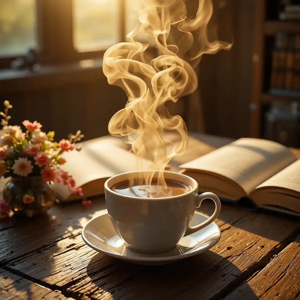 Dampfende Kaffeetasse auf rustikalem Tisch mit persischem Dampftext
