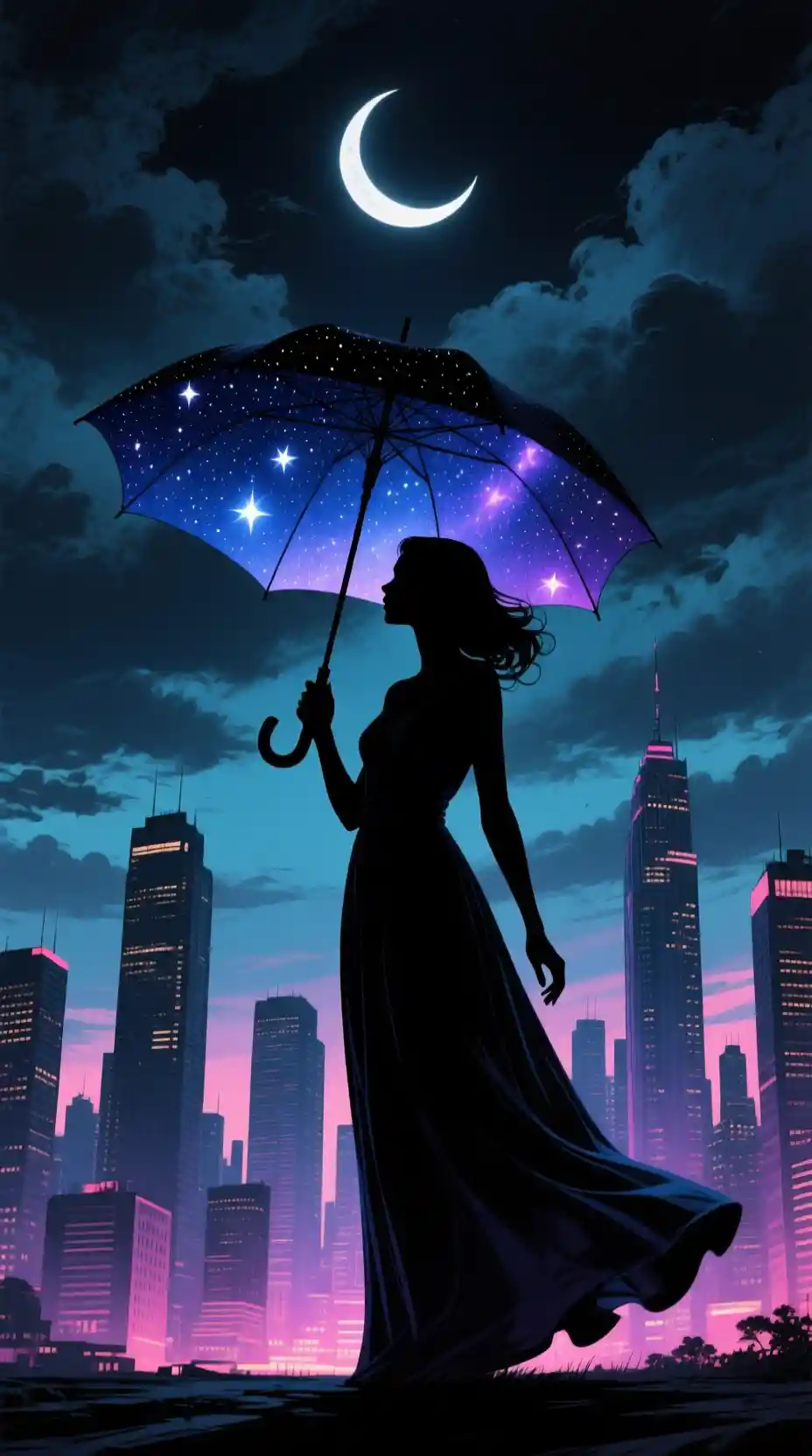 Donna in silhouette con ombrello stellato sopra città surreale