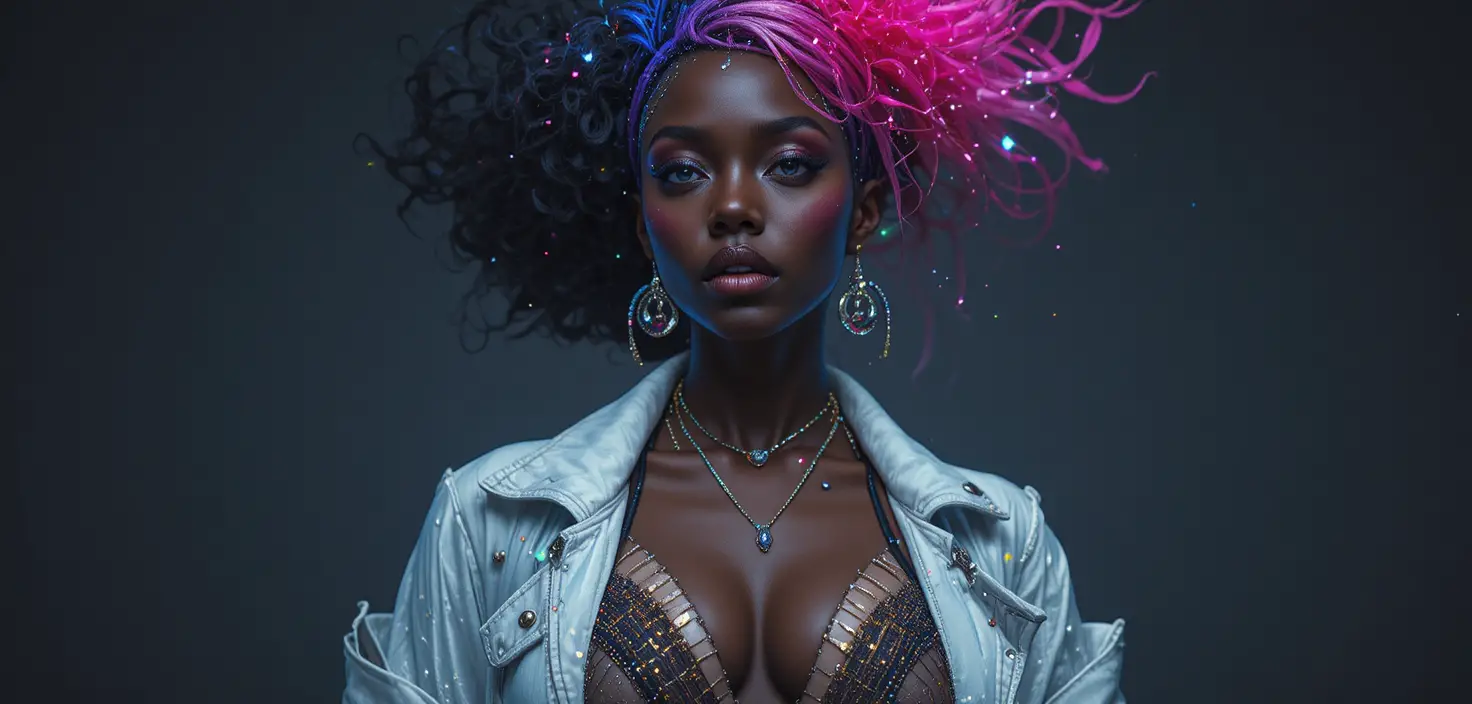 Cyberpunk fashion woman with LED piercings in studio