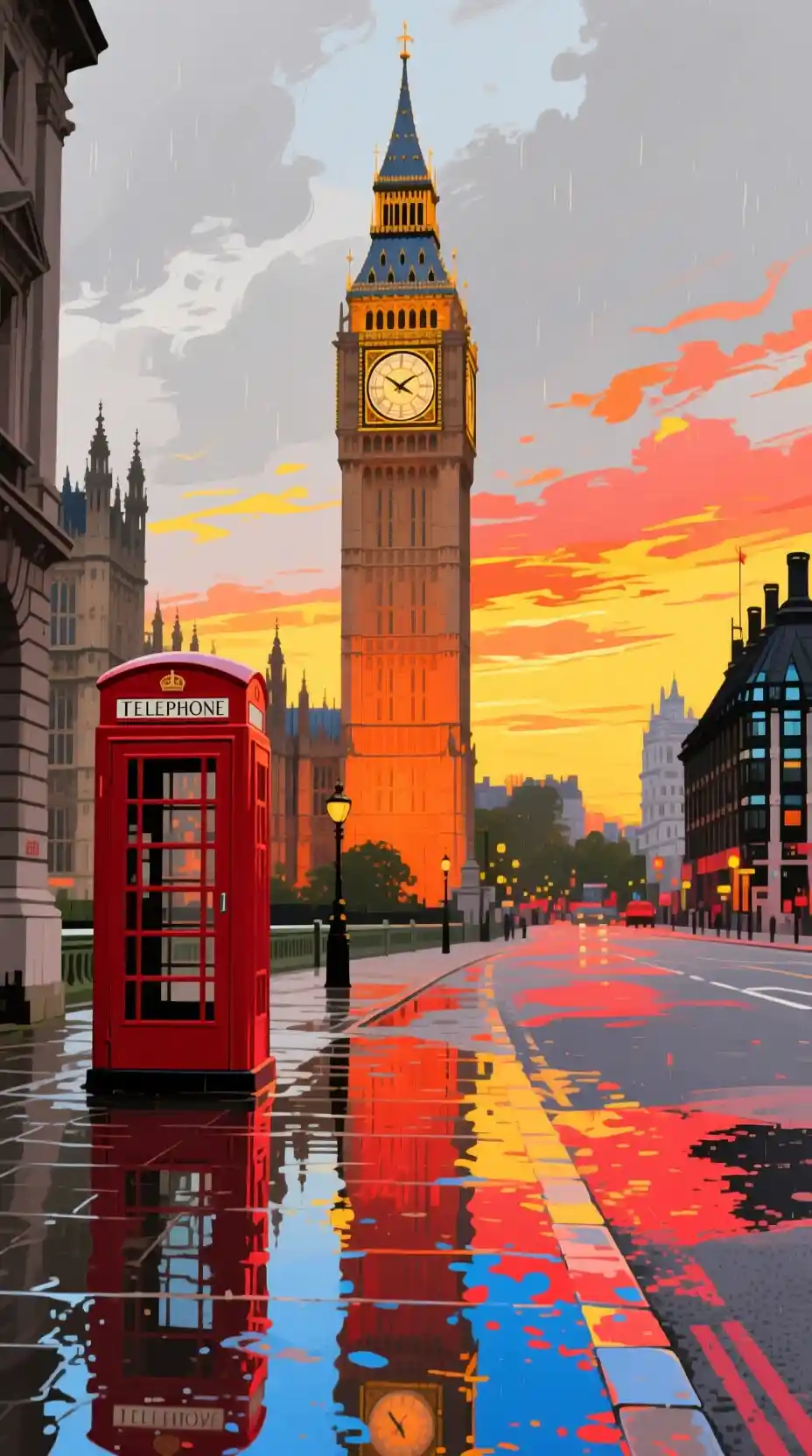 London clock tower at sunset over wet city streets