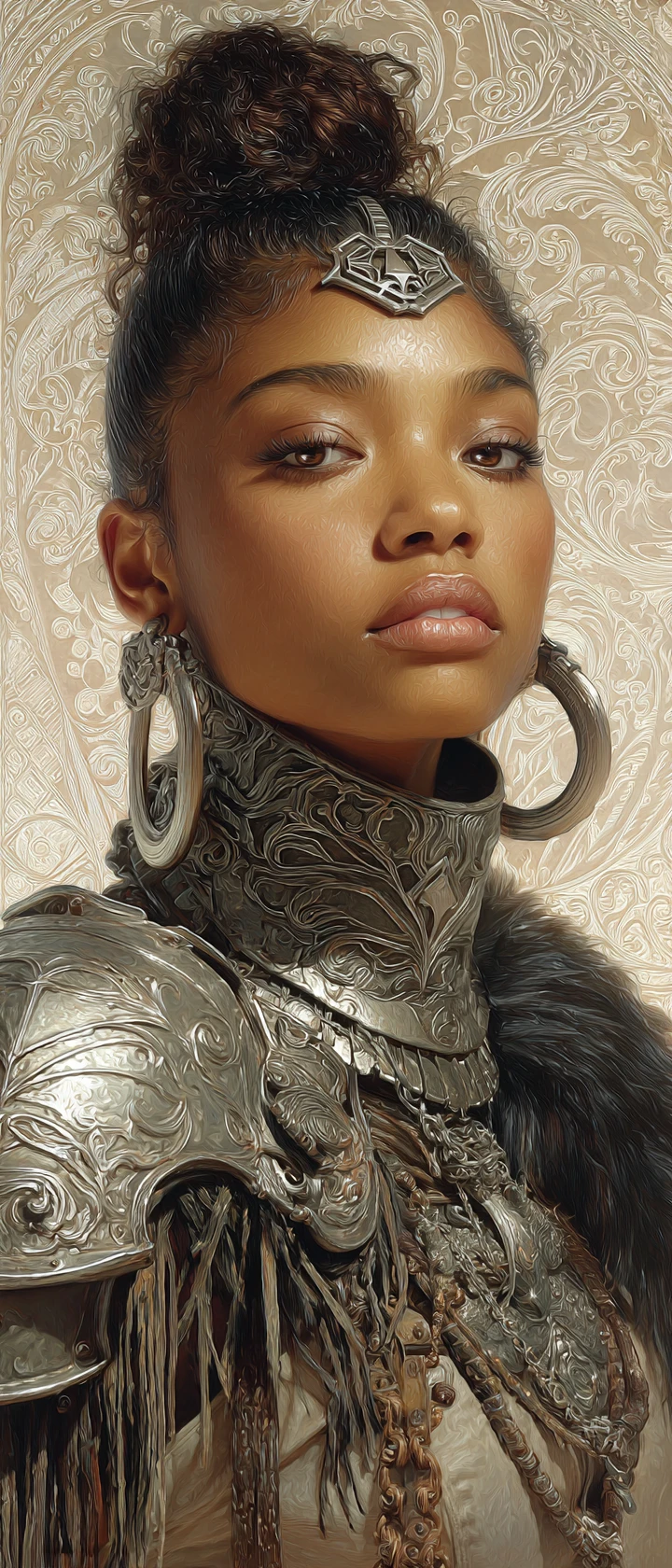 Regal Black warrior woman in ornate silver tribal armor