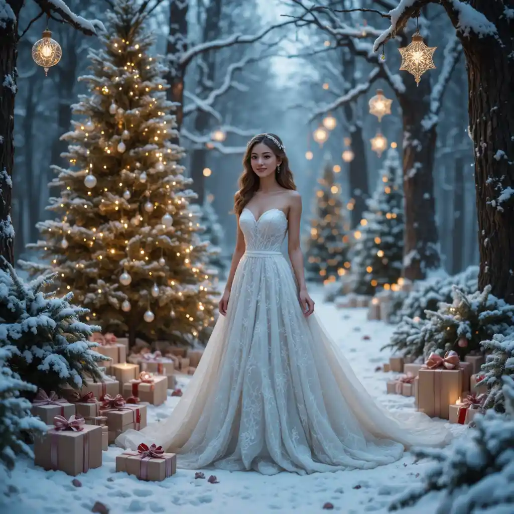 Smiling Christmas woman in a snowy forest with gifts