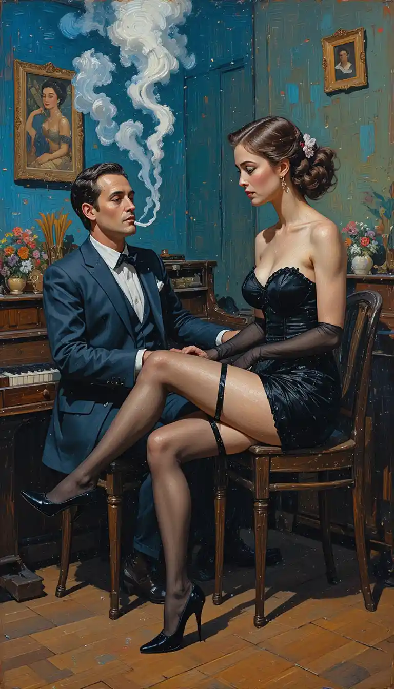 Man playing piano while smoking beside woman in stockings