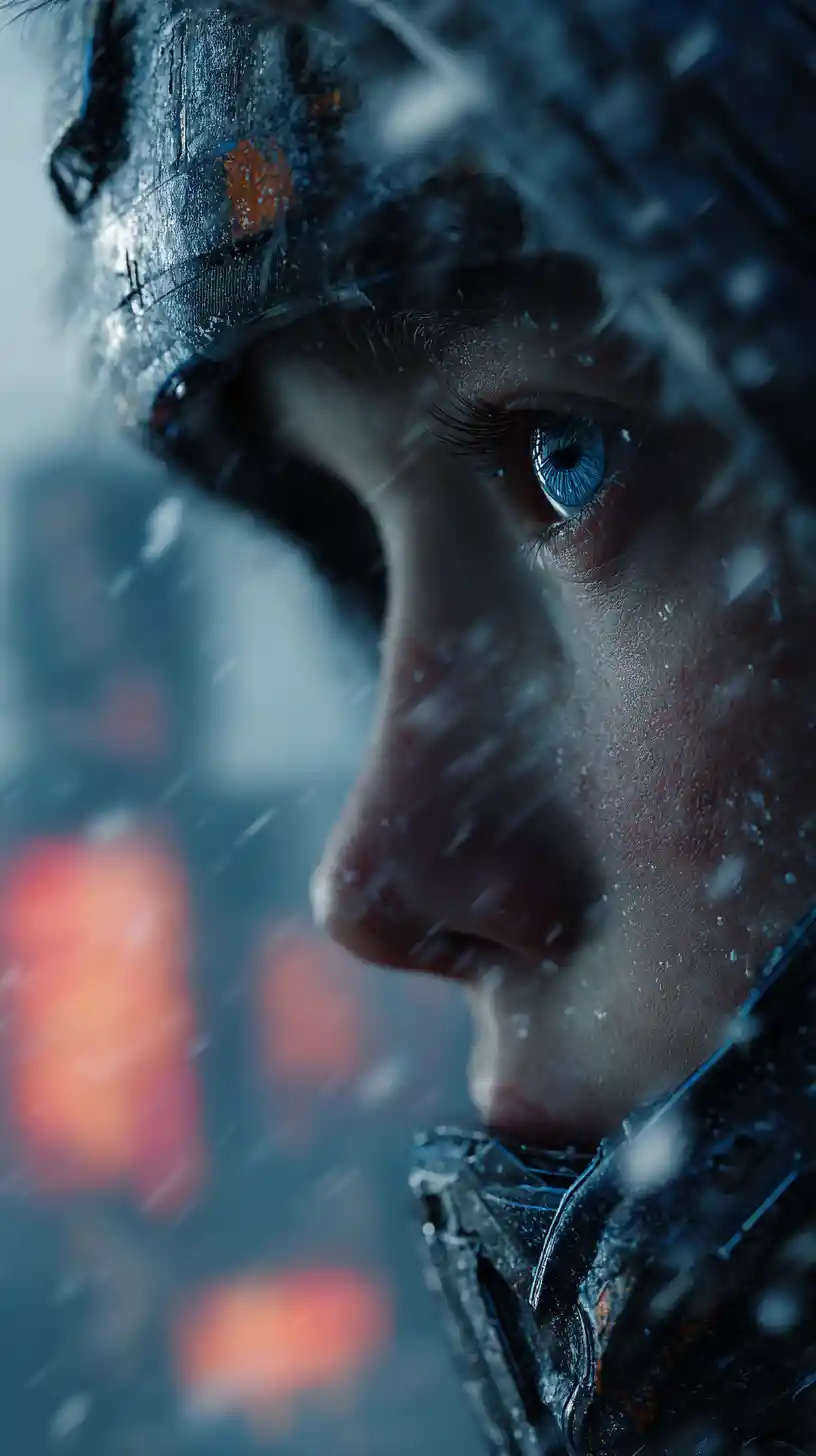 Lonely boy in respirator in frozen ruined city street