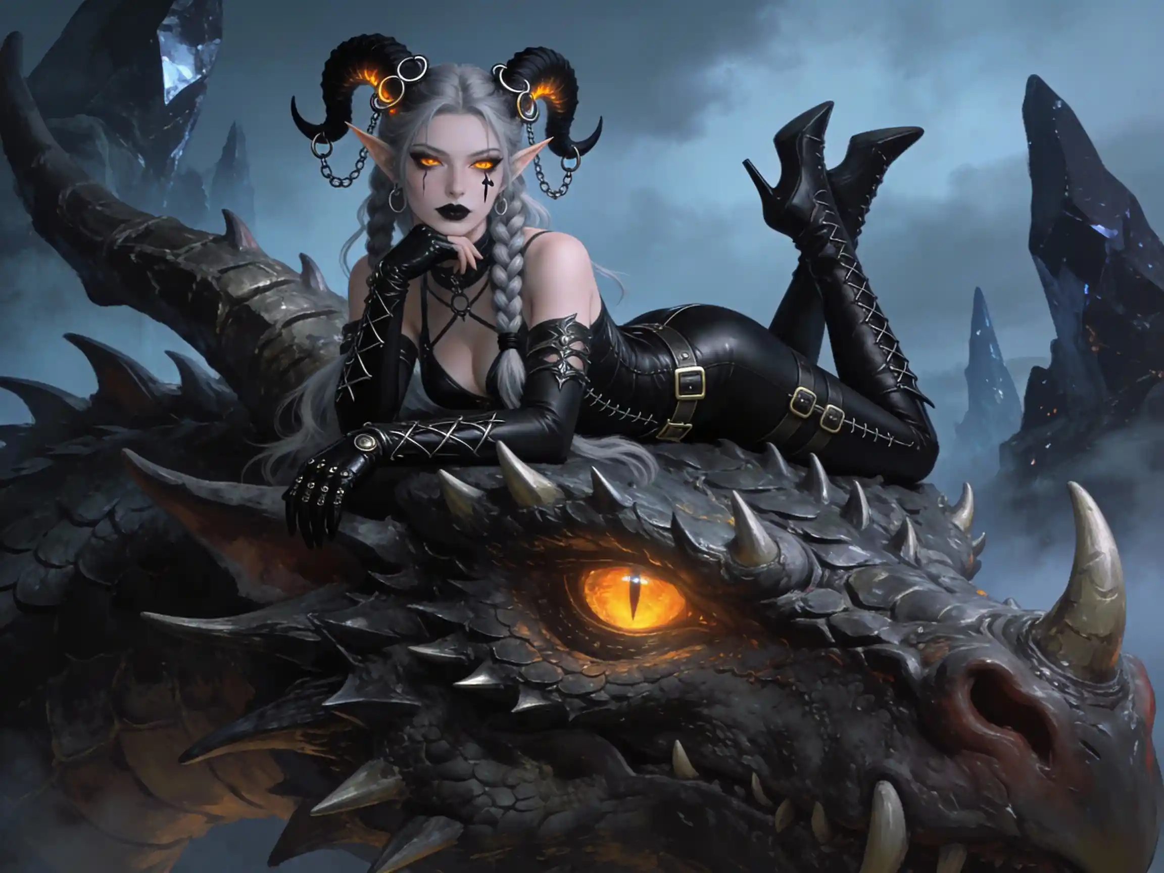 Seductive demon elf woman resting on ancient dragon head