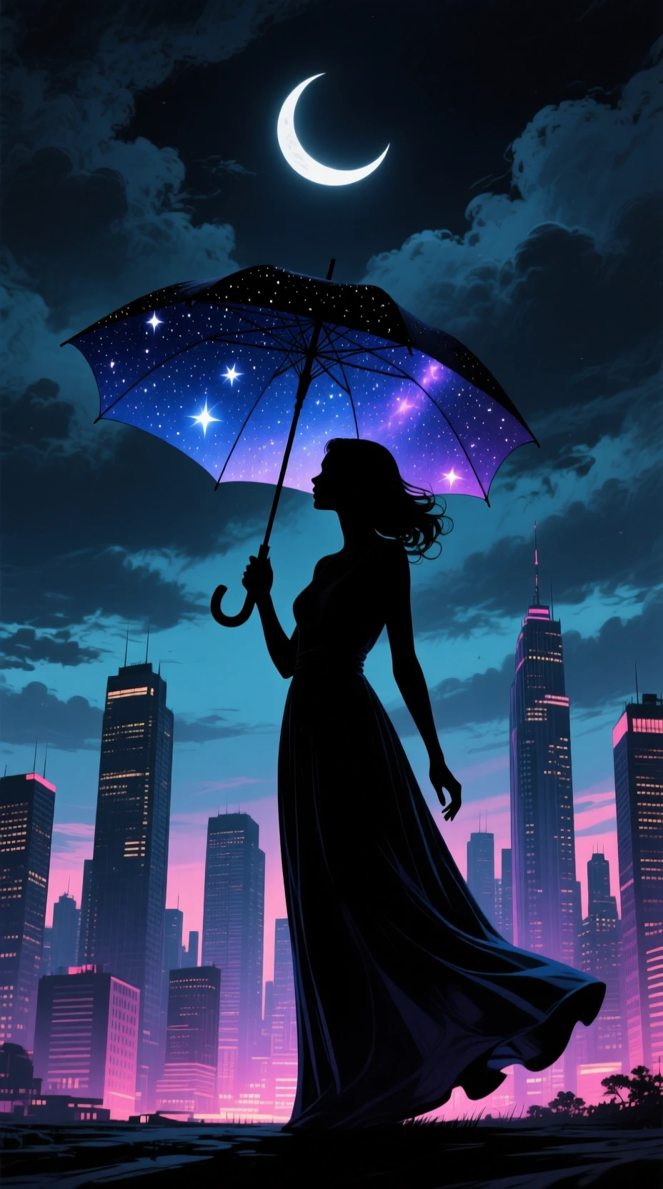 Silhouette woman with starry umbrella above surreal city