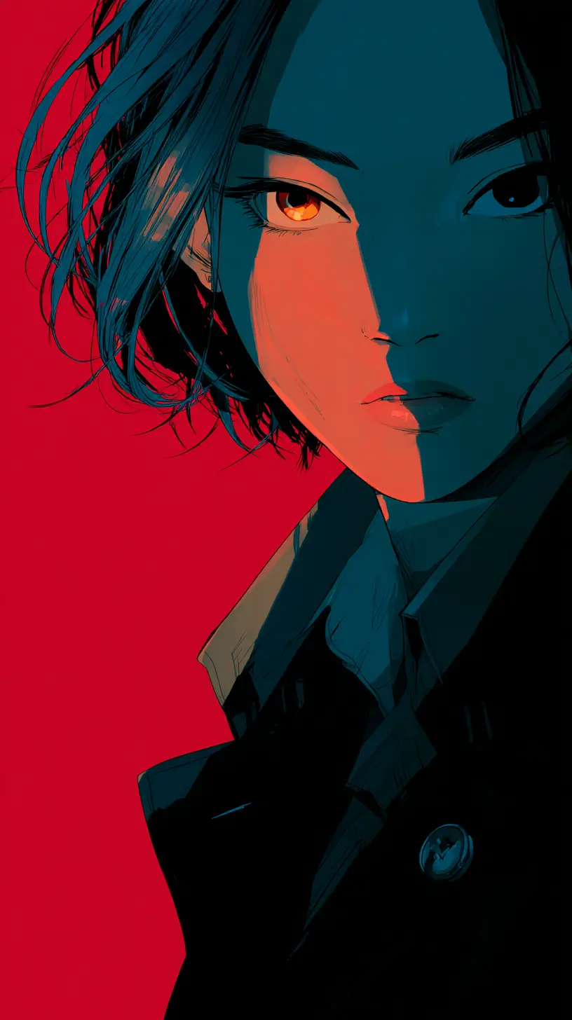 Fierce anime girl in split blue and red dramatic light
