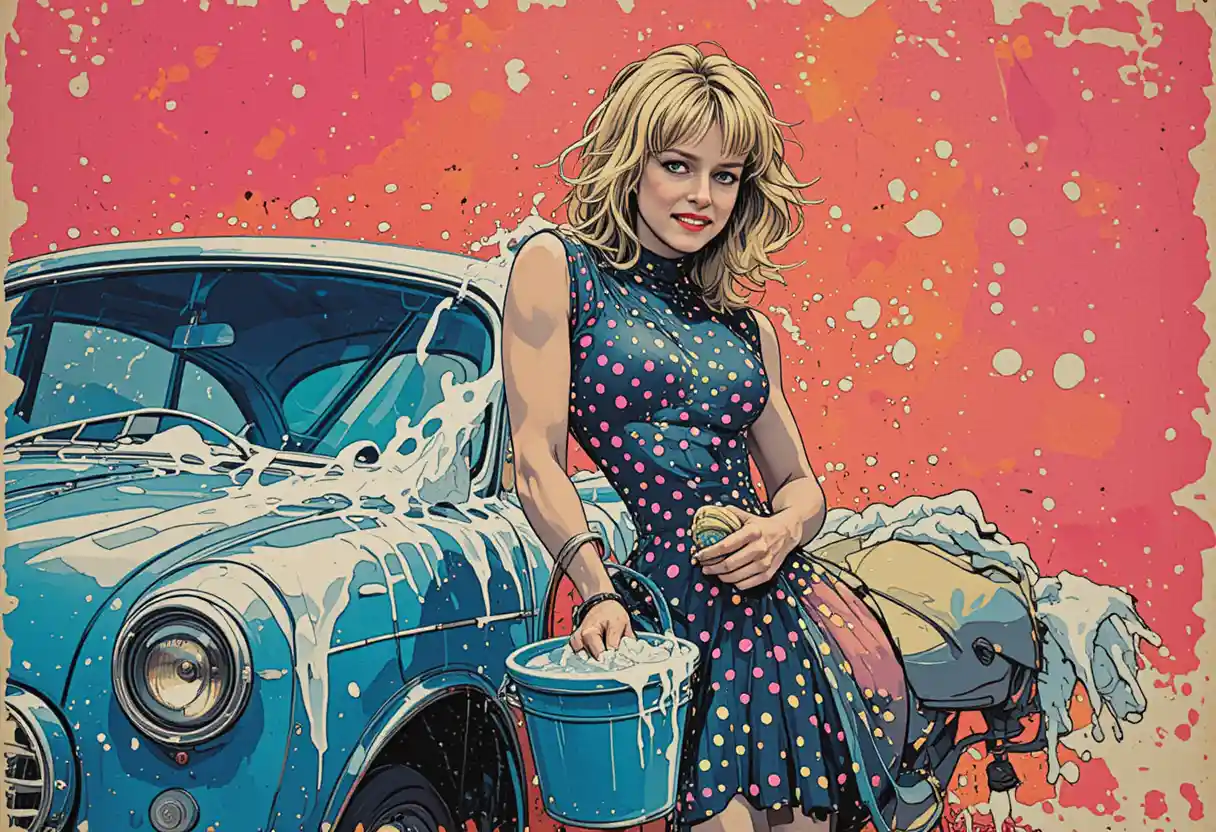 Neon girl washing a vintage car in manga illustration