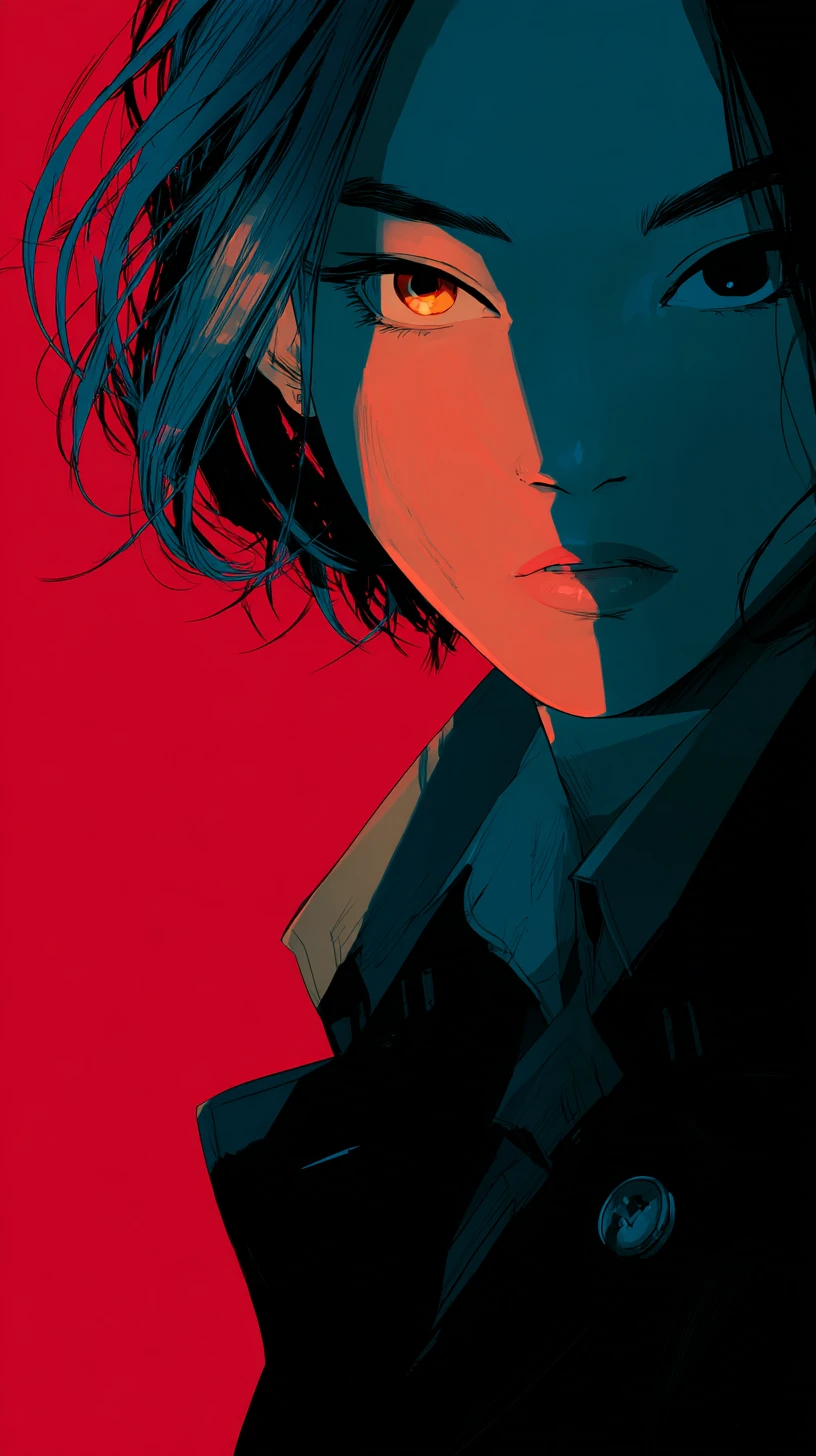 Fierce anime girl in split blue and red dramatic light