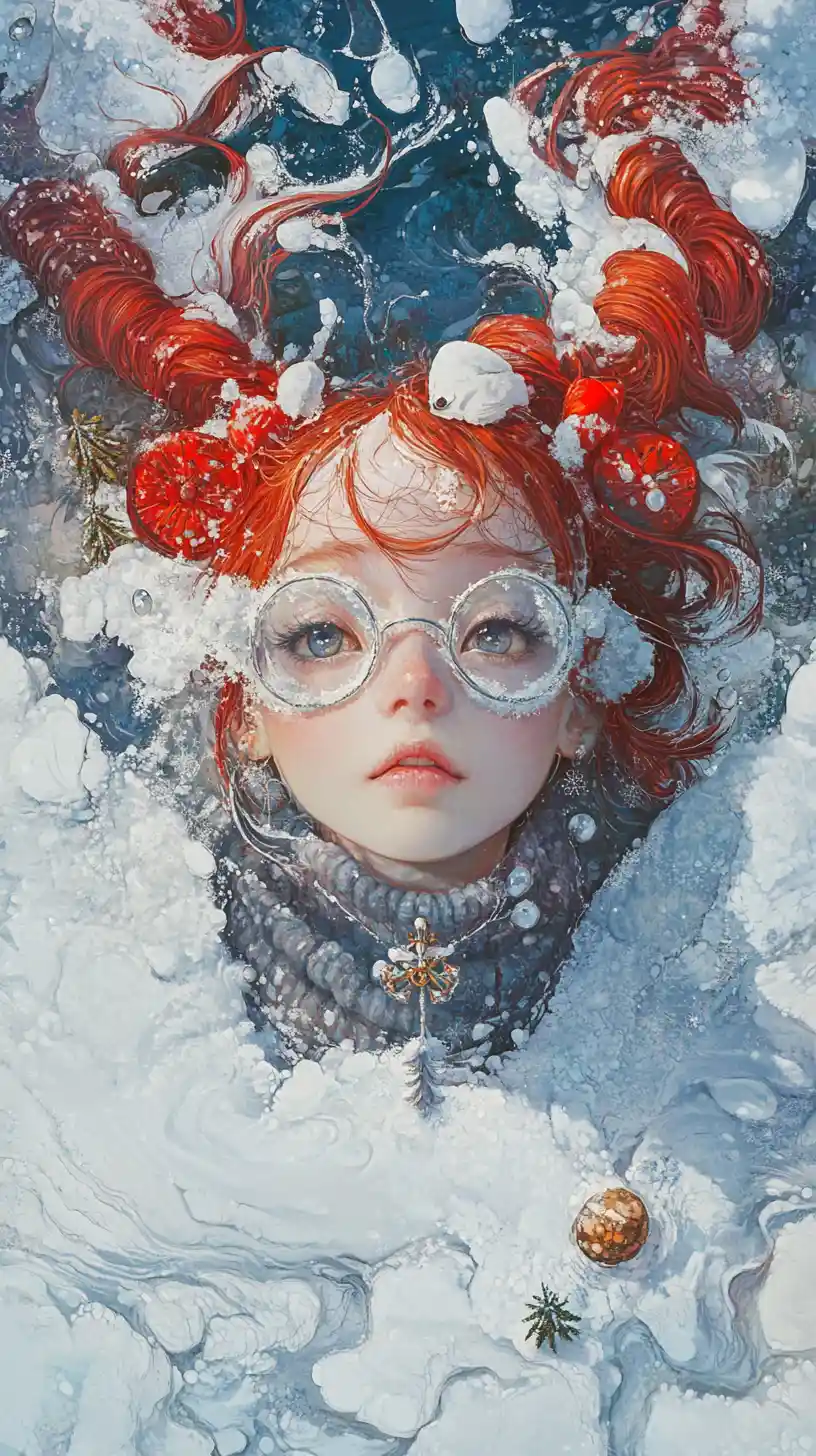 Smiling icy woman in red braids above frozen winter lake