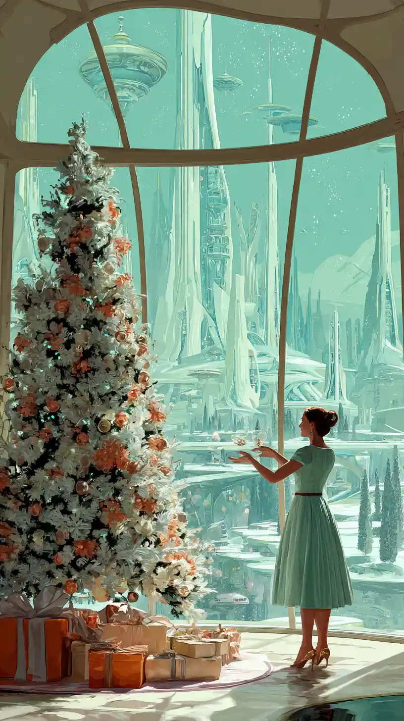 Retro woman decorating christmas tree in serene living room