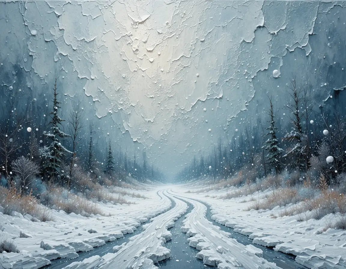 Peinture abstraite en empâtement d’une violente tempête de neige hivernale