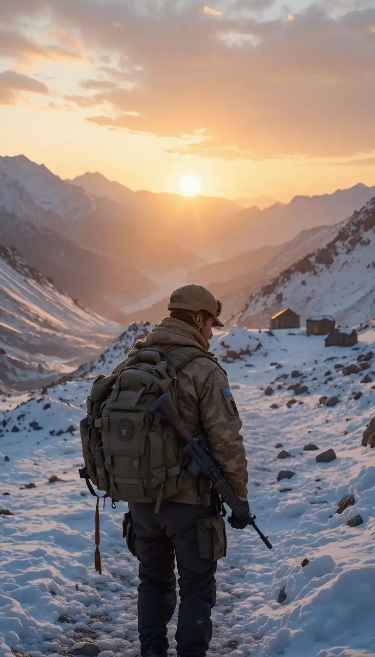 Pakistanischer Soldat an abgelegenem verschneitem Grenzposten bei Sonnenuntergang