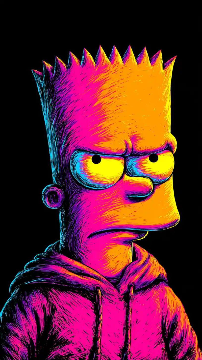 Close up portrait of a sullen cartoon boy in neon light