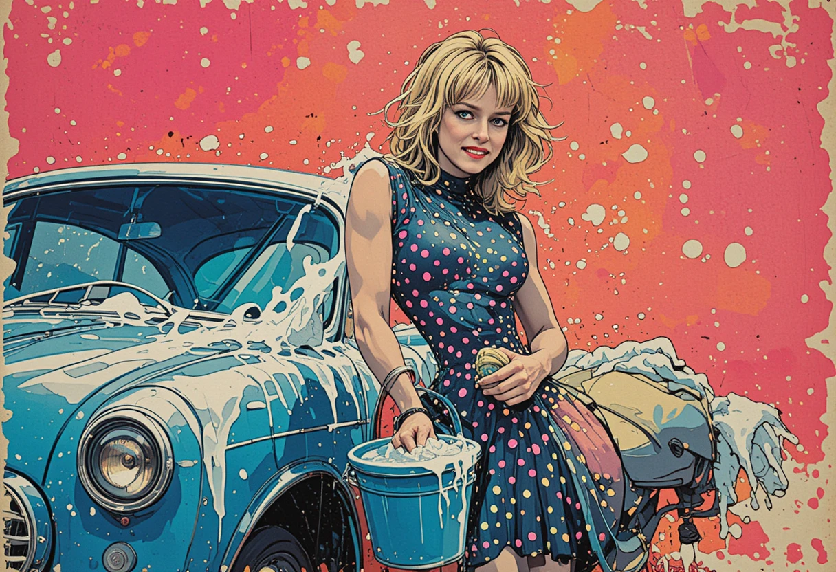 Neon girl washing a vintage car in manga illustration