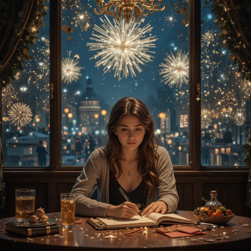 Writer at table in dreamy romantic New Years night