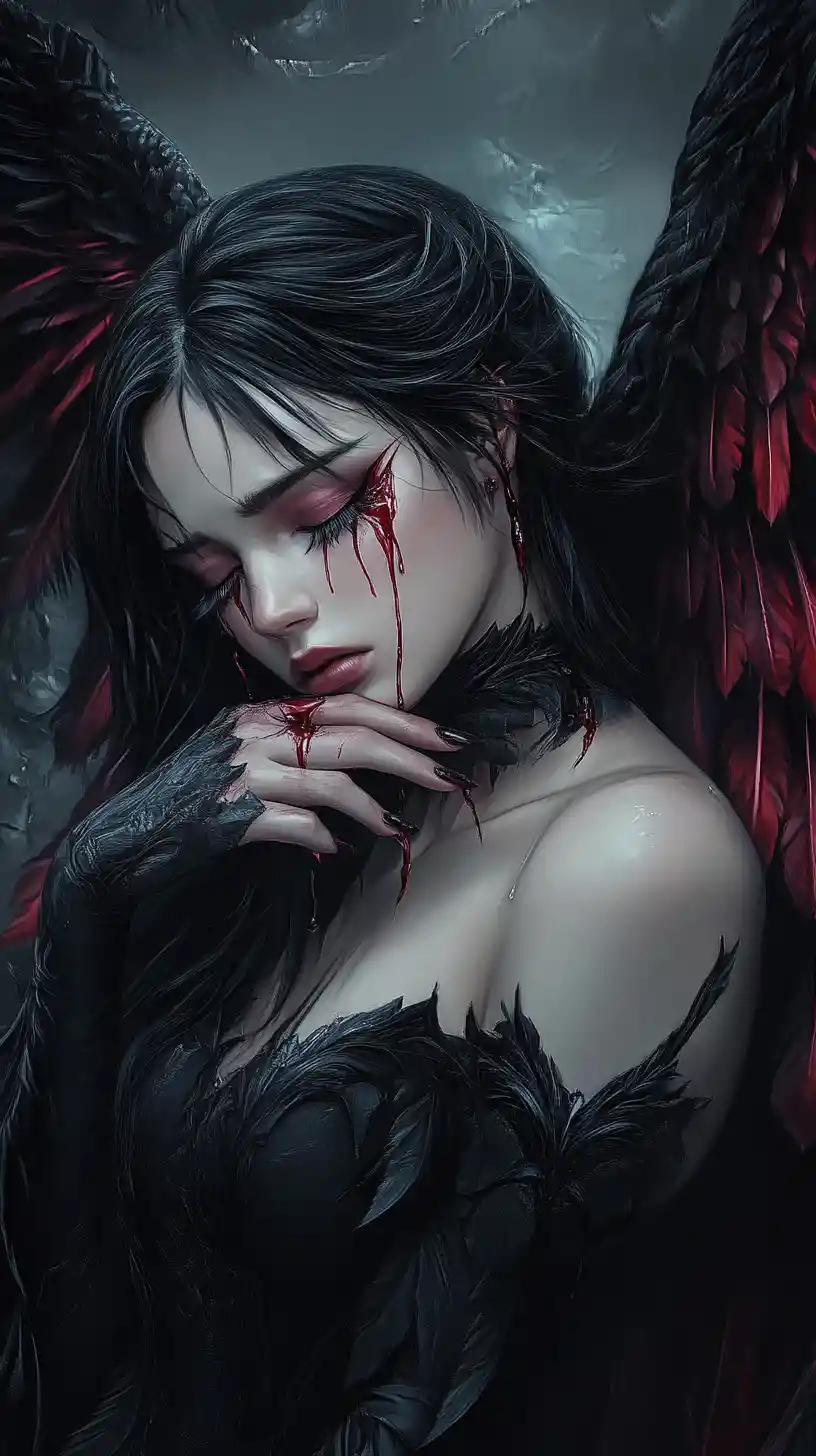 Melancholic fallen angel with black and crimson wings