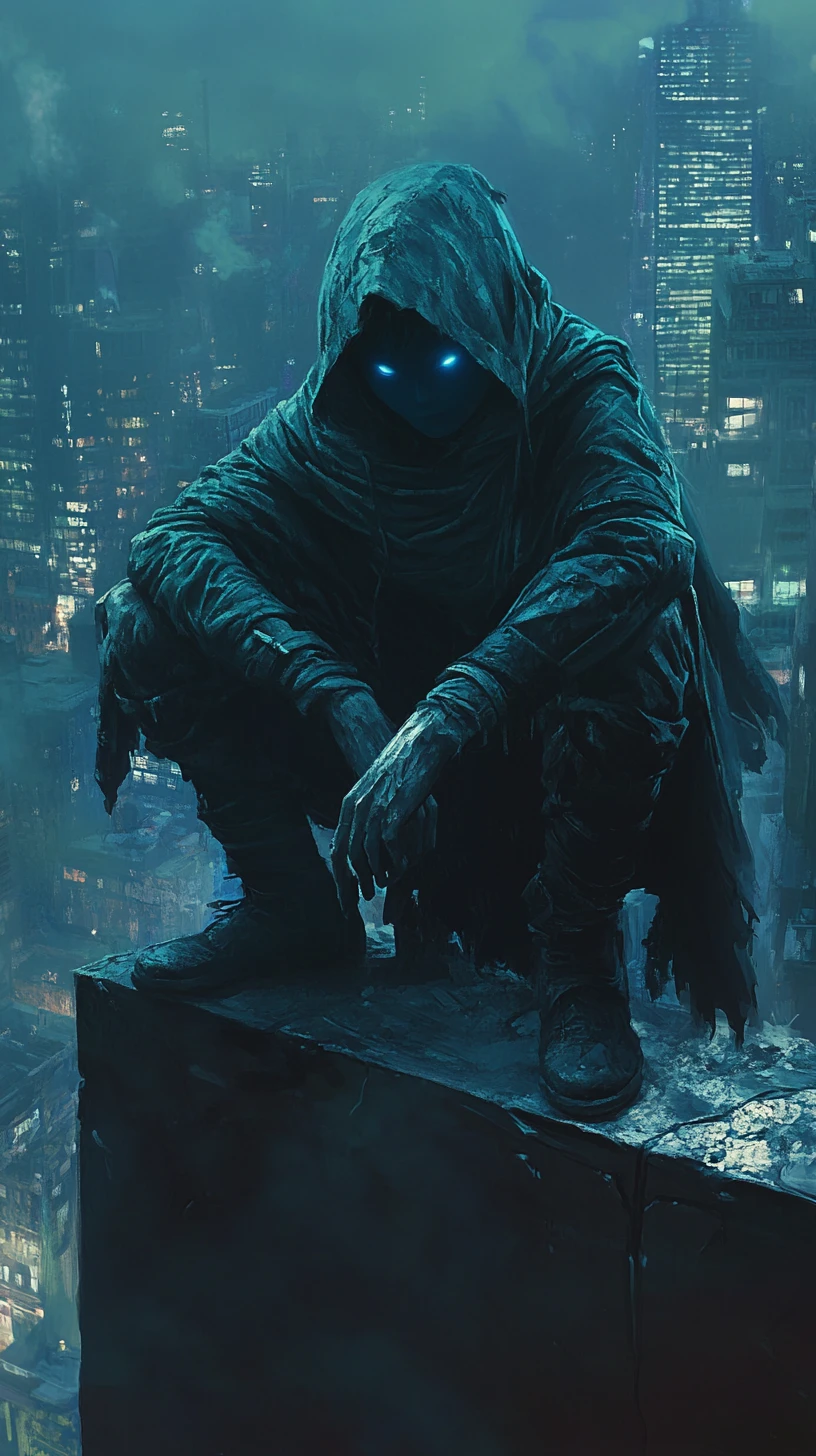 Hooded elf warrior crouching over a ruined dystopian city