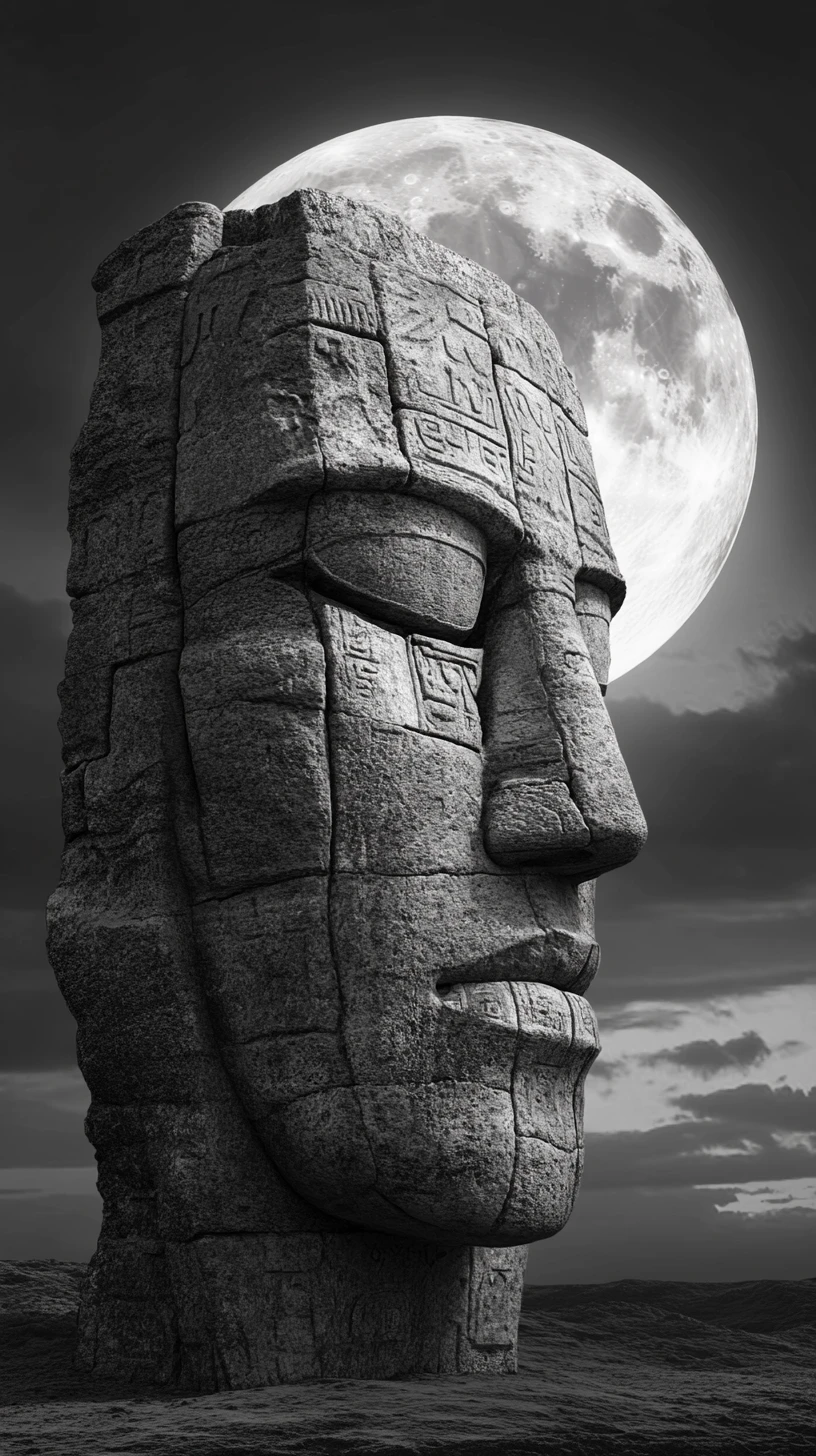 Ancien visage de pierre se dressant sous une pleine lune lumineuse