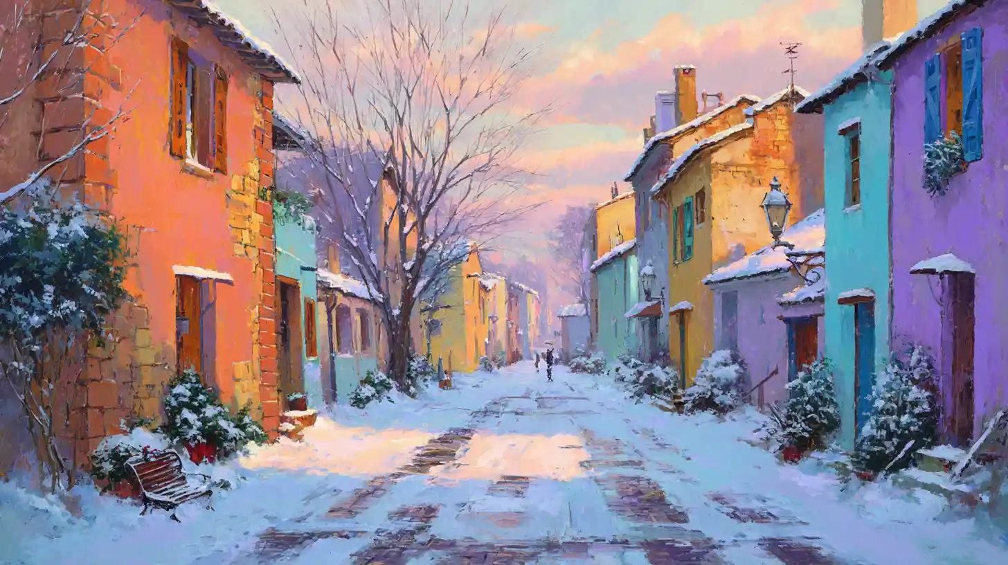 Pastel winter city street scene with gentle falling snow