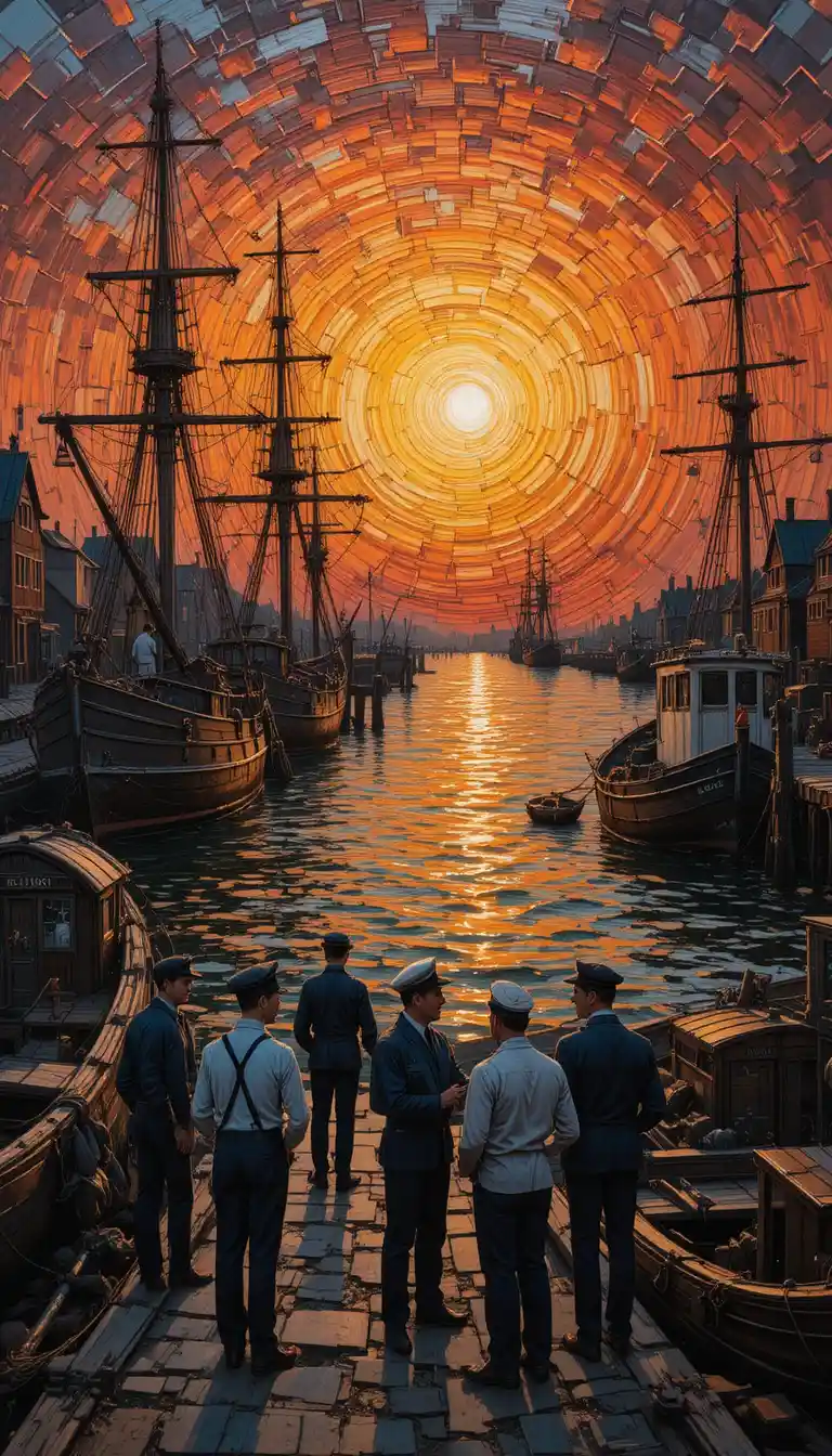 Old harbor at sunset with sailors returning from work