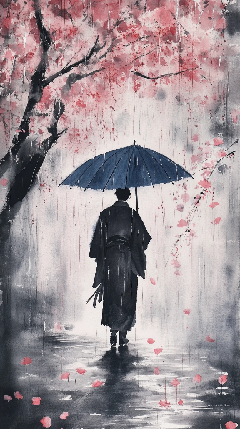 Lone figure under umbrella in falling cherry blossom