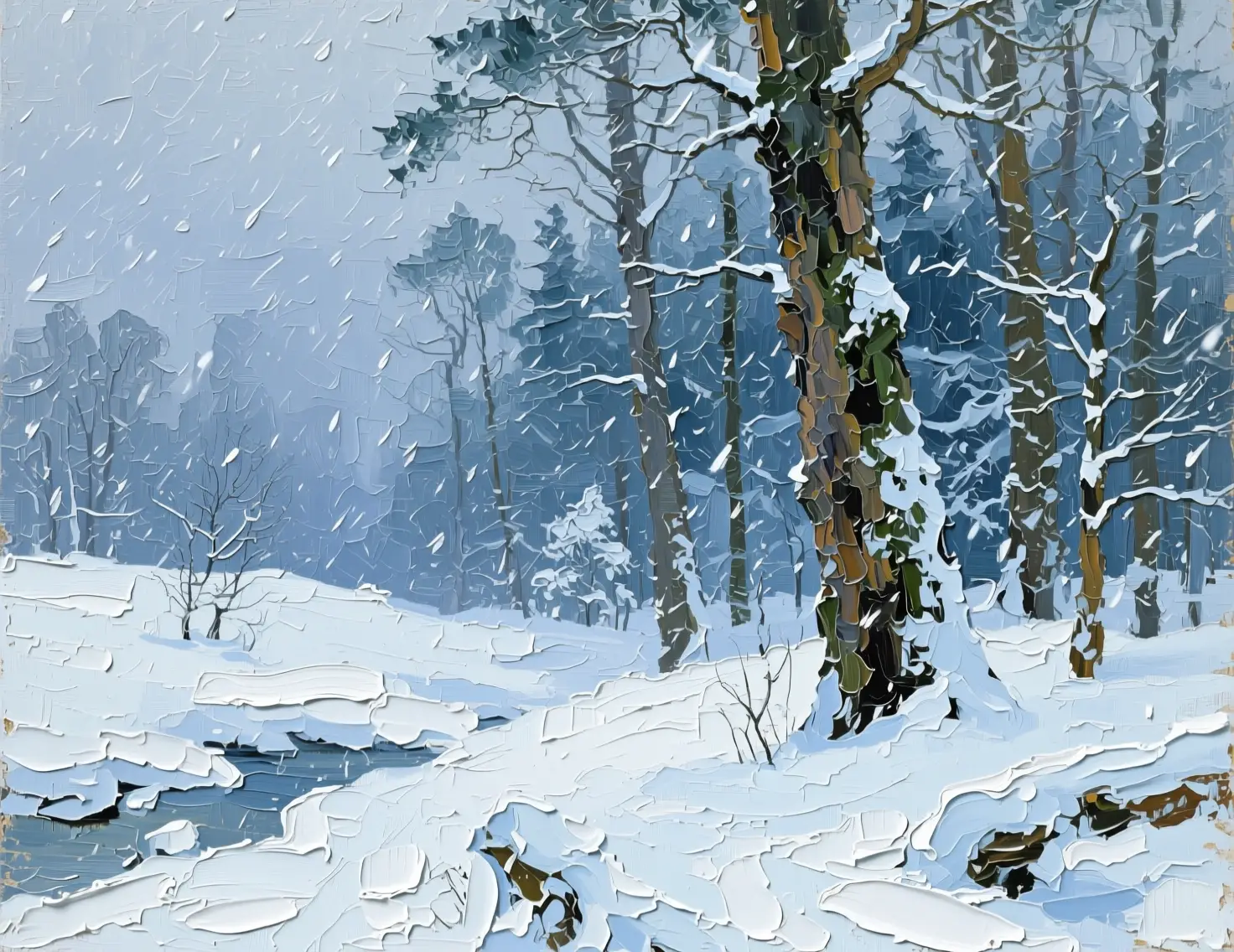 Blizzard hivernal texturé balayant une forêt ancestrale