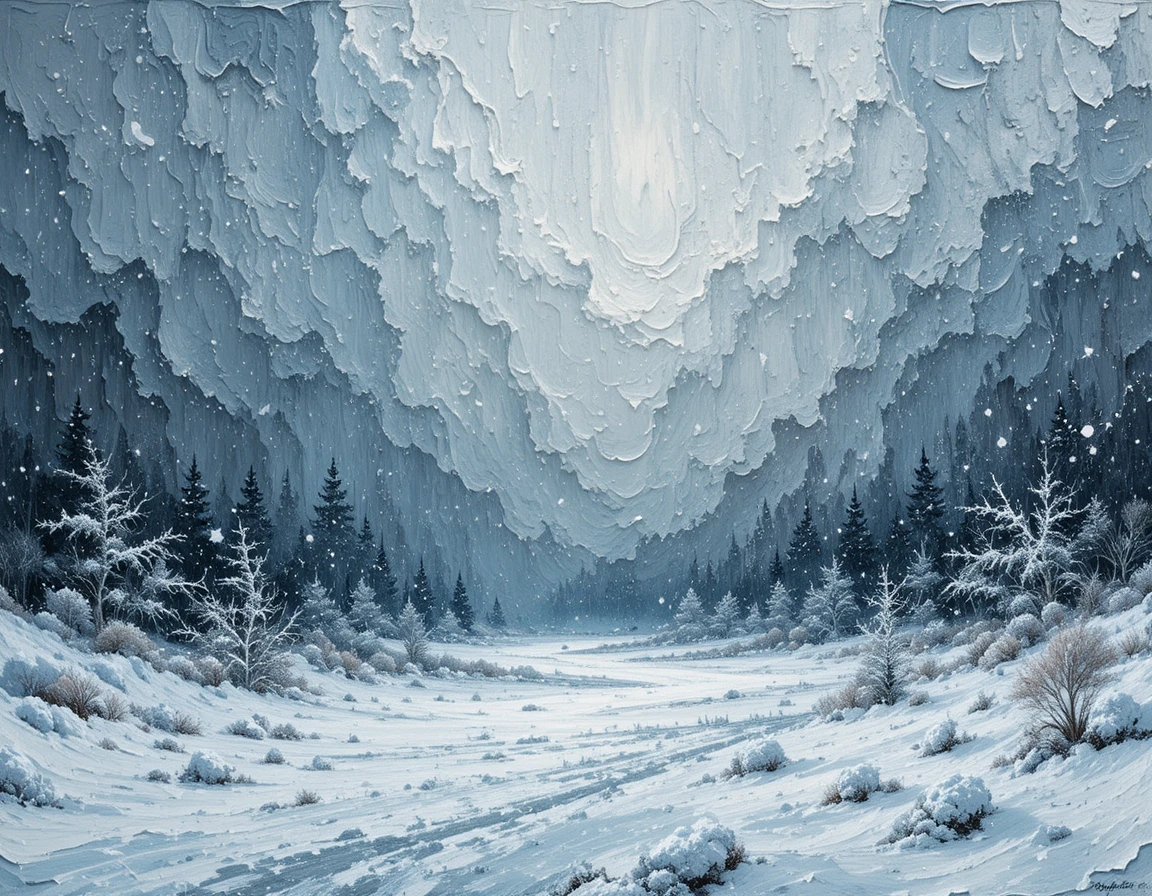 Paysage d’hiver en impasto texturé sous une violente tempête de neige