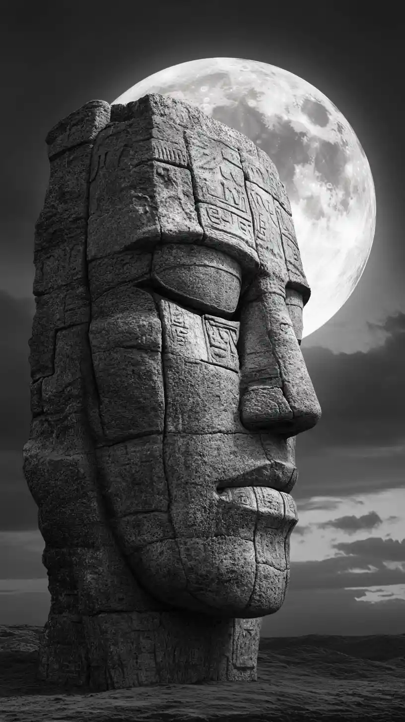 Ancient stone face rising beneath a luminous full moon