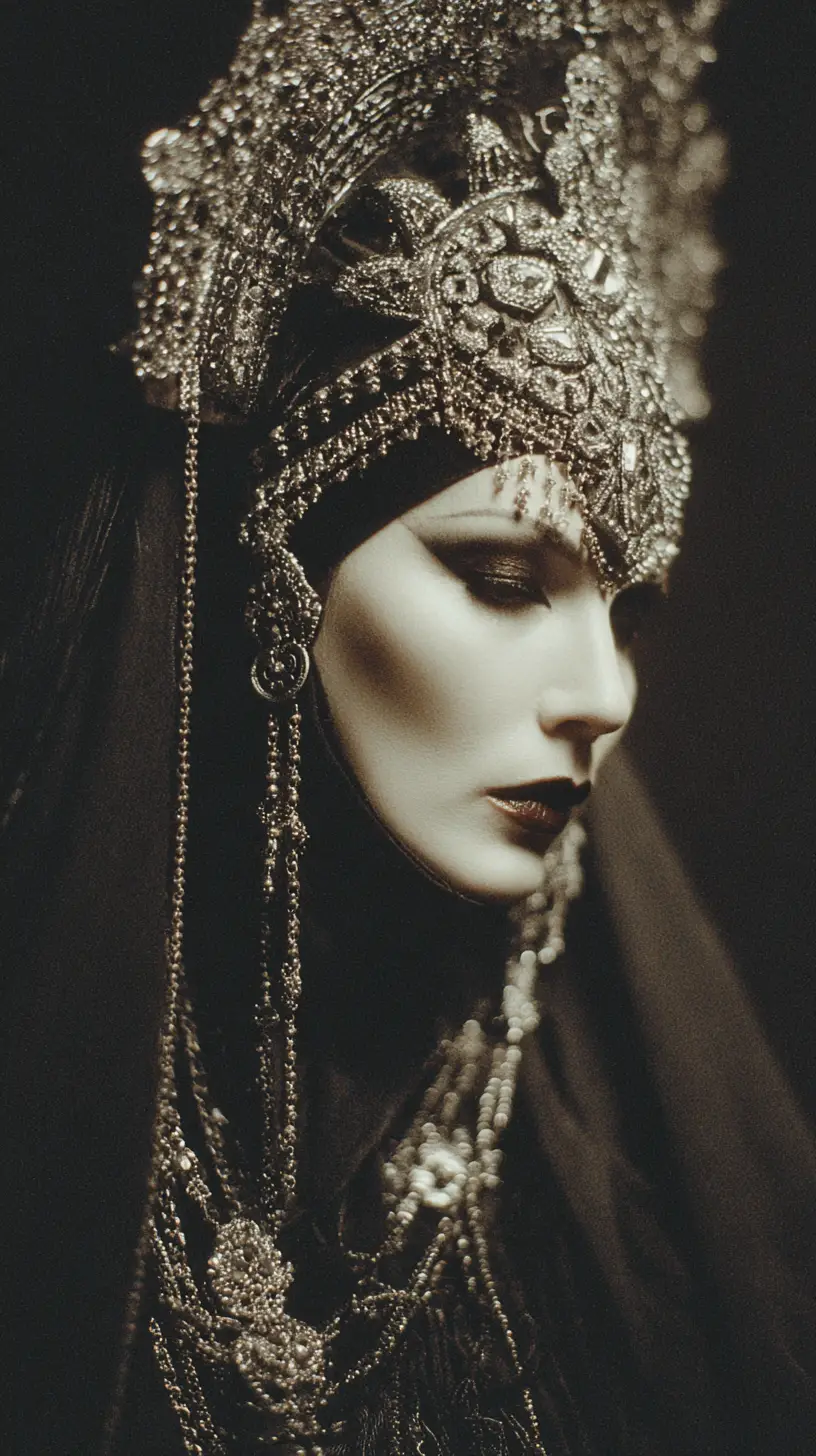 Gothic death cult princess in ornate jeweled headdress