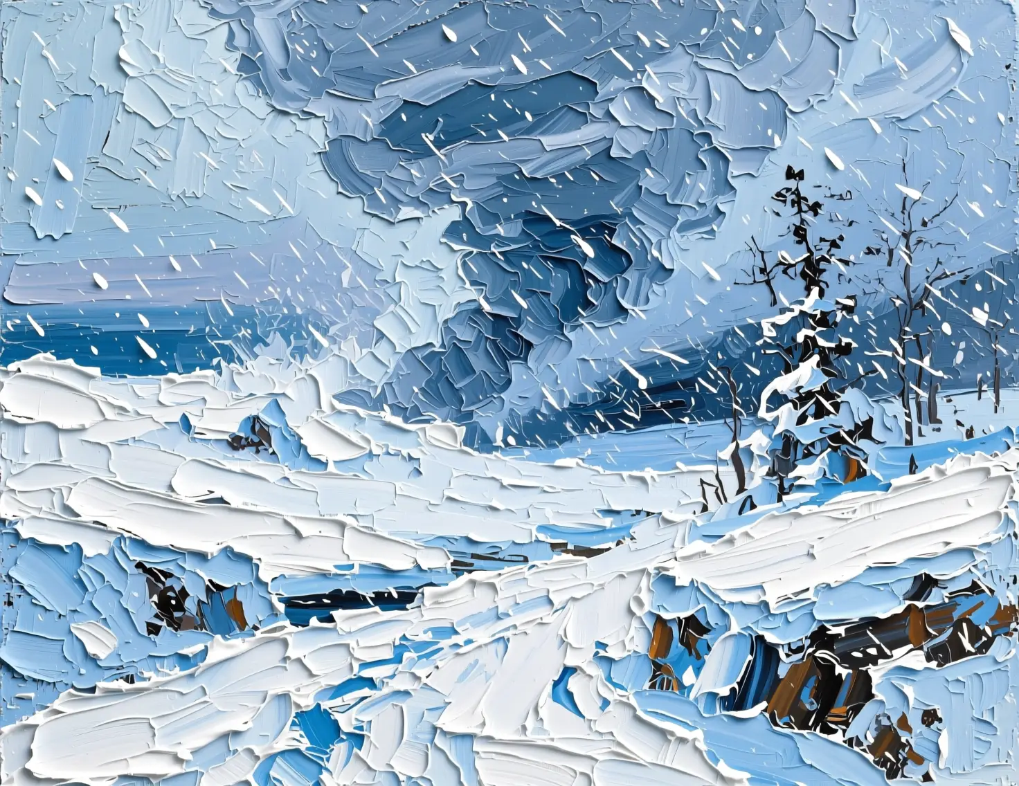 Peinture abstraite de paysage d’hiver avec violente tempête de neige