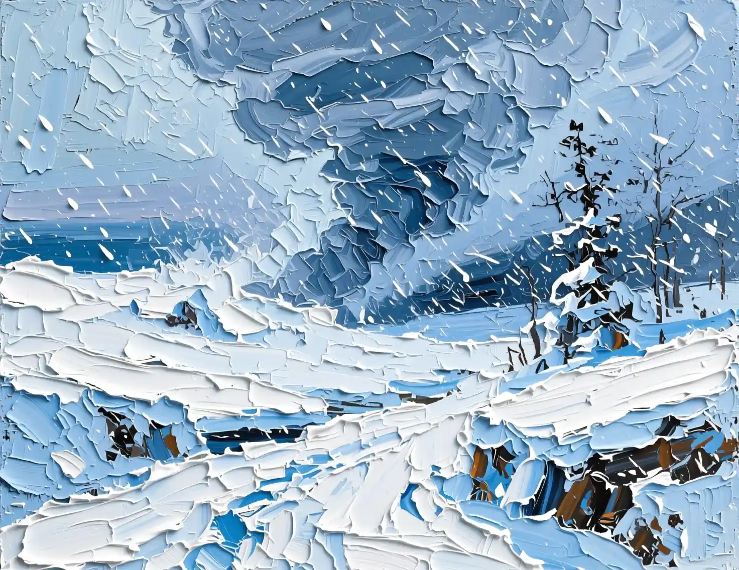 Peinture abstraite de paysage d’hiver avec violente tempête de neige