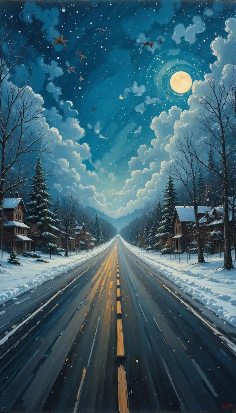 Peinture en empâtement d'une voiture rentrant à la maison pour Noël