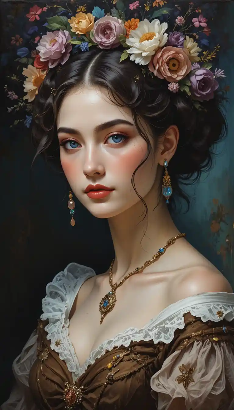 Semi abstract baroque portrait with dark floral background