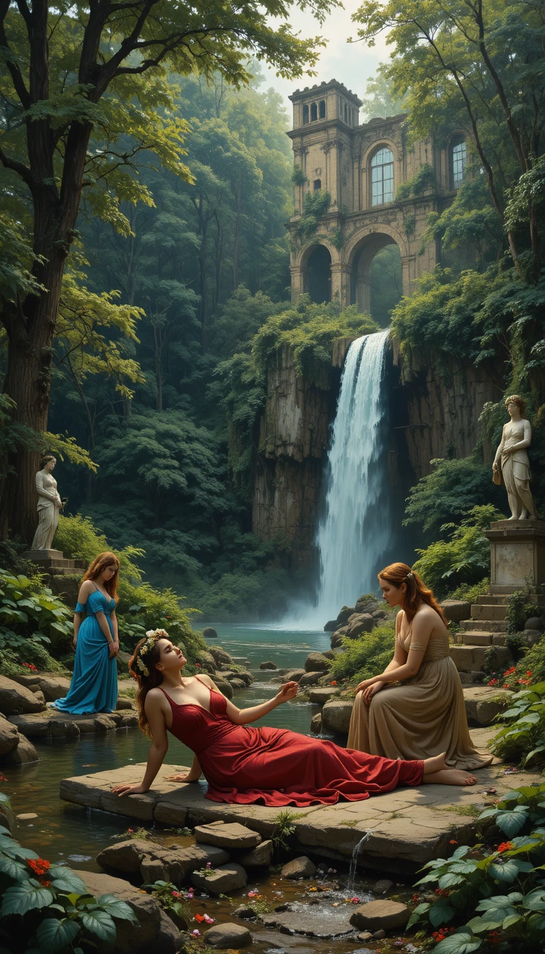 Women by a forest pool with ruins and statues