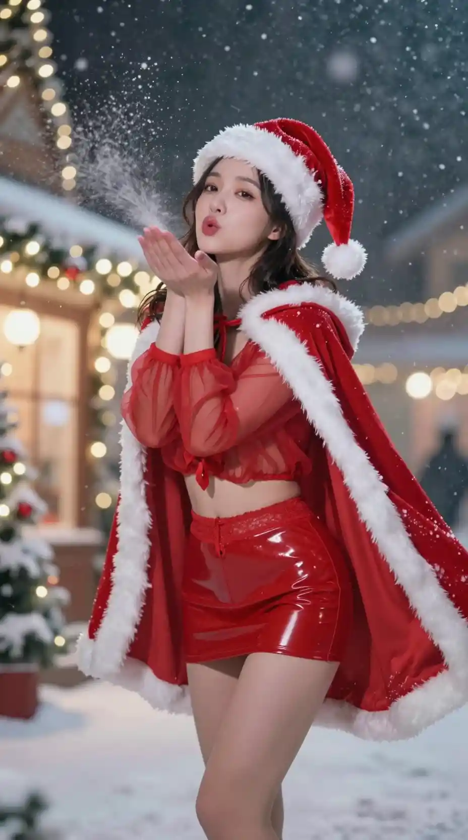 축제 분위기의 도시 거리에서 키스를 날리는 대만 여성