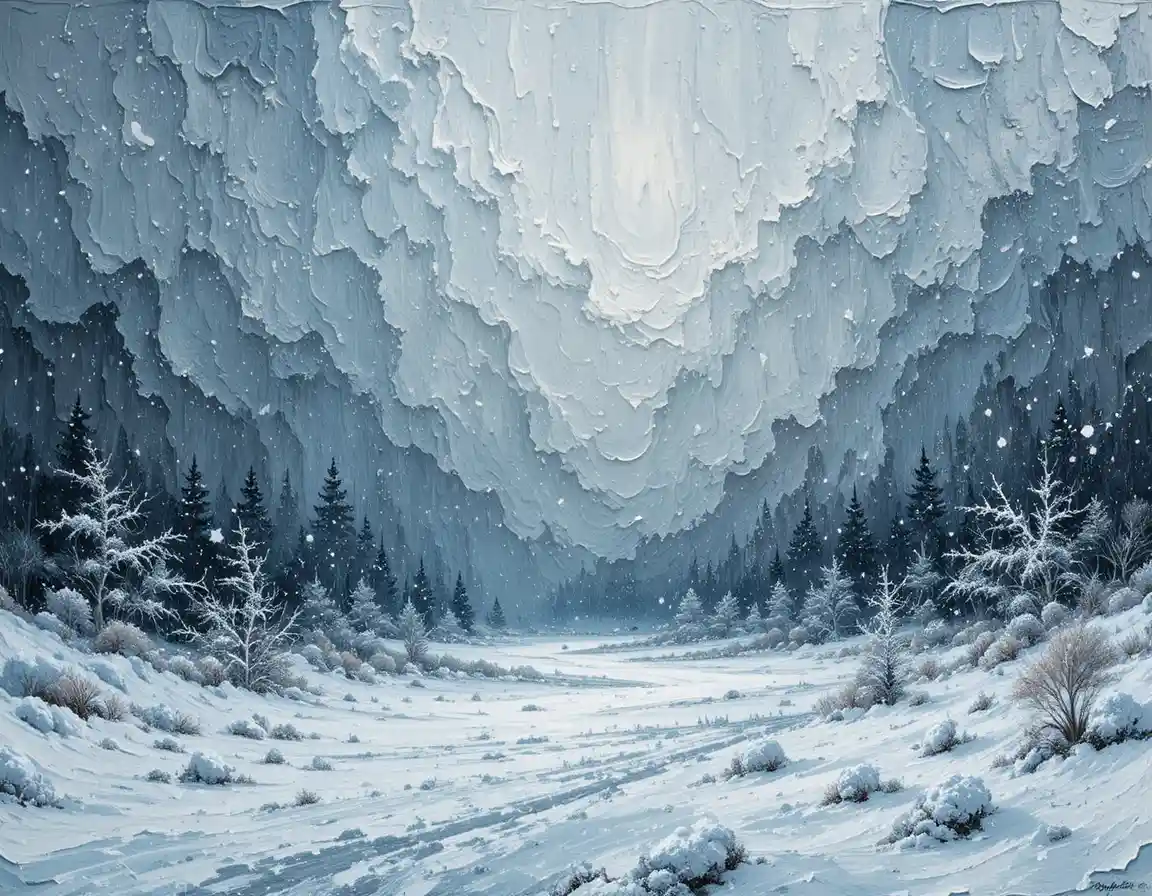 Paysage d’hiver en impasto texturé sous une violente tempête de neige